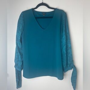 Ann Taylor Teal Floral Long Sleeve Textured Tie V-neck Blouse Women’s Large